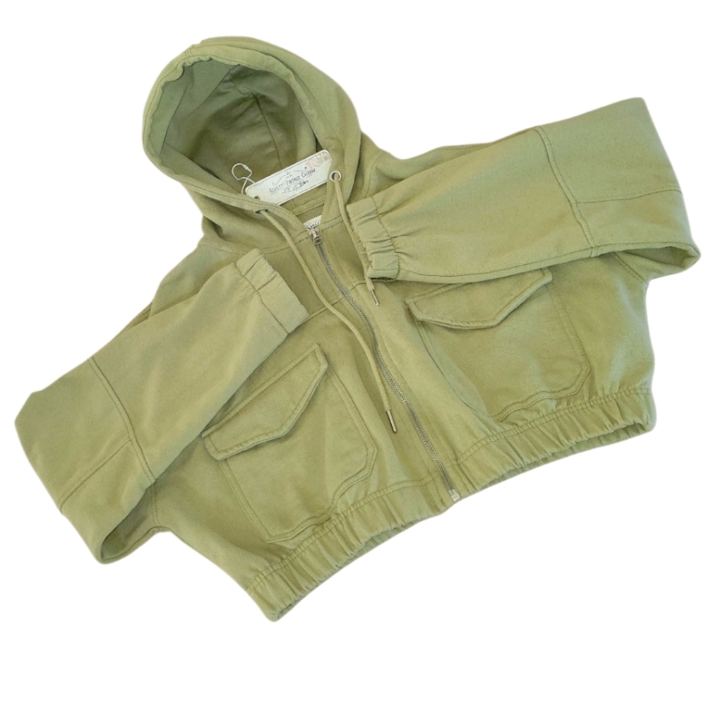 Cropped Hooded Zip Up Jacket, Juniors M, Green Olive, EUC